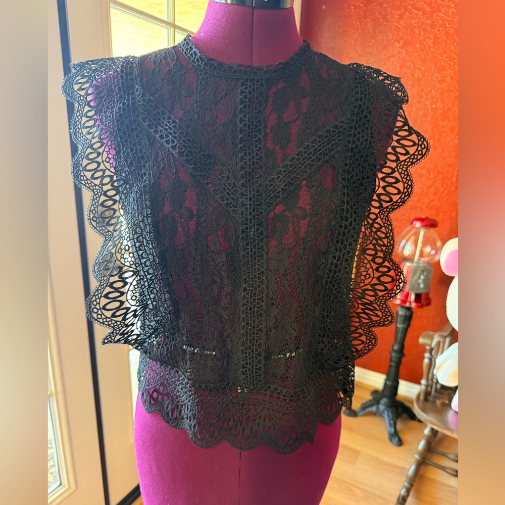 Zara Black Lace Crochet Trim Top